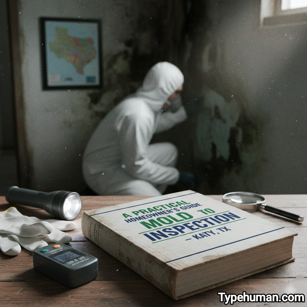 Home mold inspection scene showing a homeowner guide book, flashlight, gloves, and a professional inspecting mold on a wall.