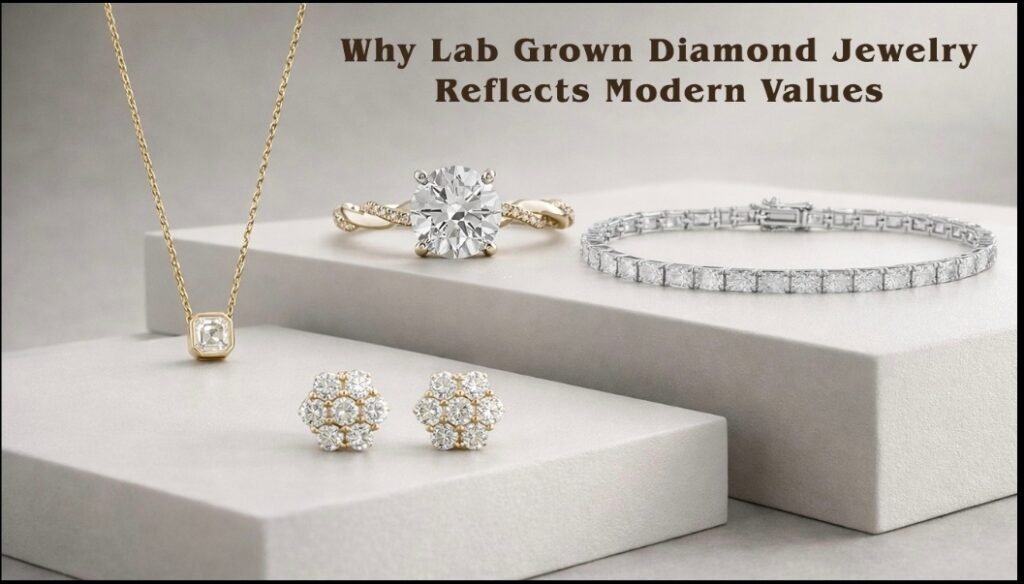 Lab grown diamond jewelry collection featuring ring, bracelet, necklace and stud earrings