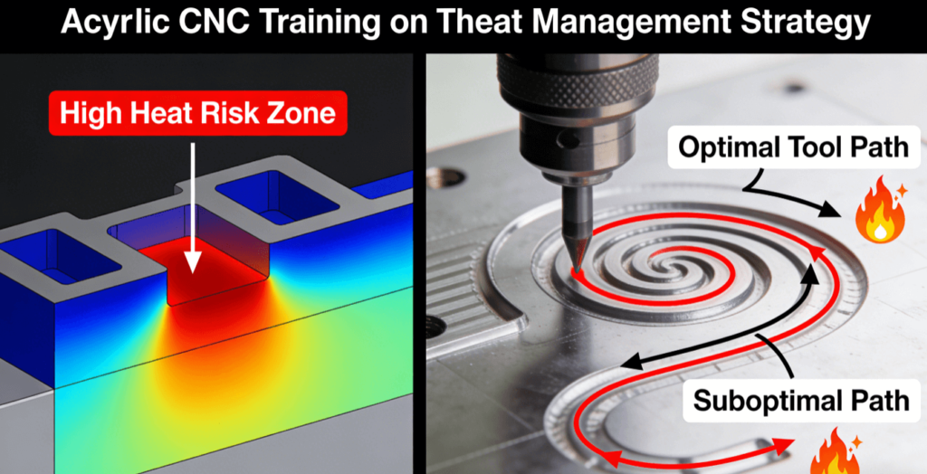 Diagram comparing optimal and suboptimal tool paths for acrylic CNC machining, with heat distribution visualization and key parameters for preventing edge cracking


