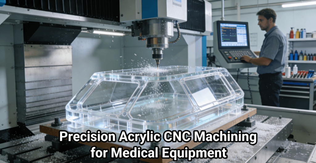 5-axis CNC machine precision machining a transparent acrylic medical component in a clean industrial setting, demonstrating high clarity and edge quality.




