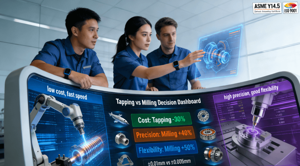  Tapping vs milling decision analysis dashboard comparing cost, precision, and flexibility for thread machining processes

