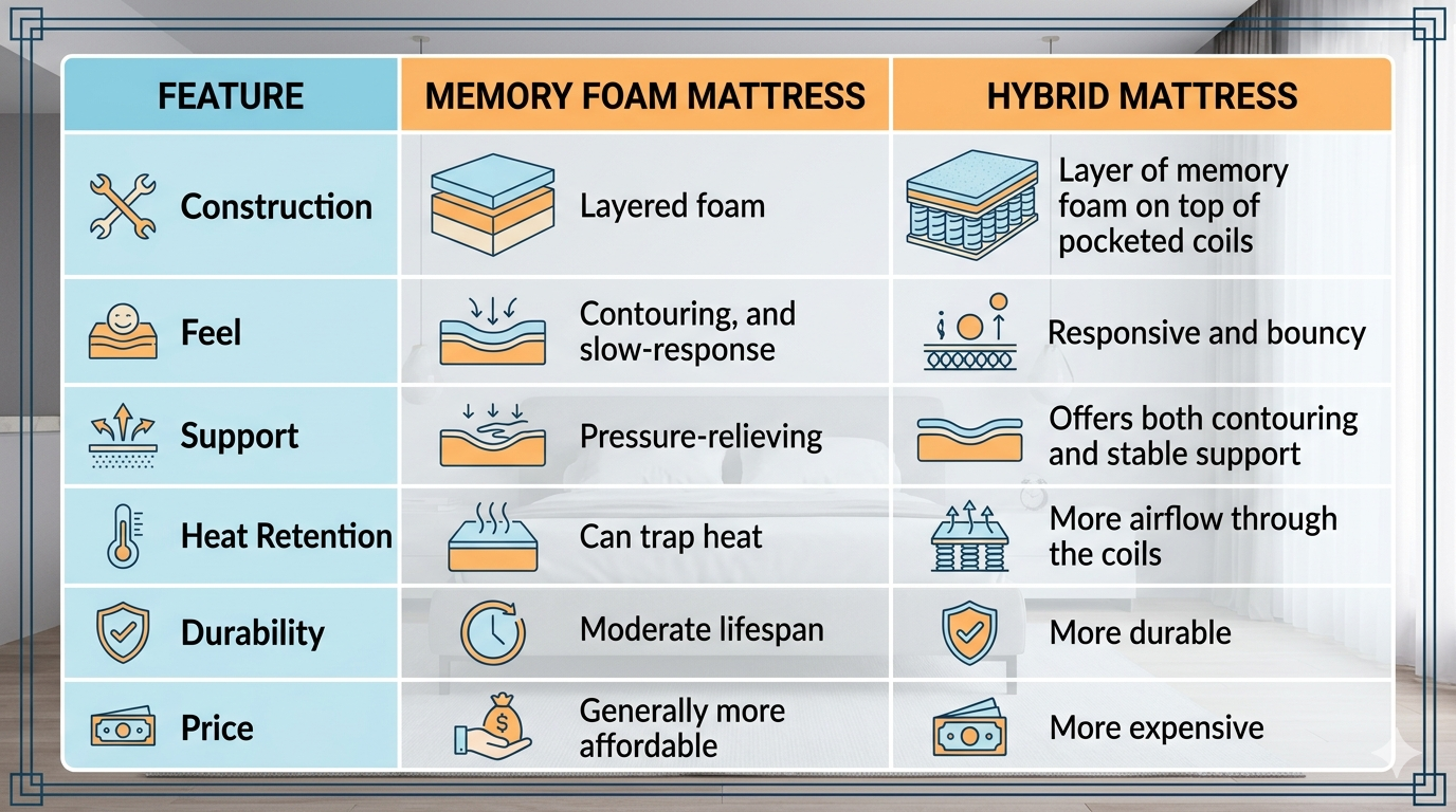 make a table comparing memory foam vs hybrid mattresses